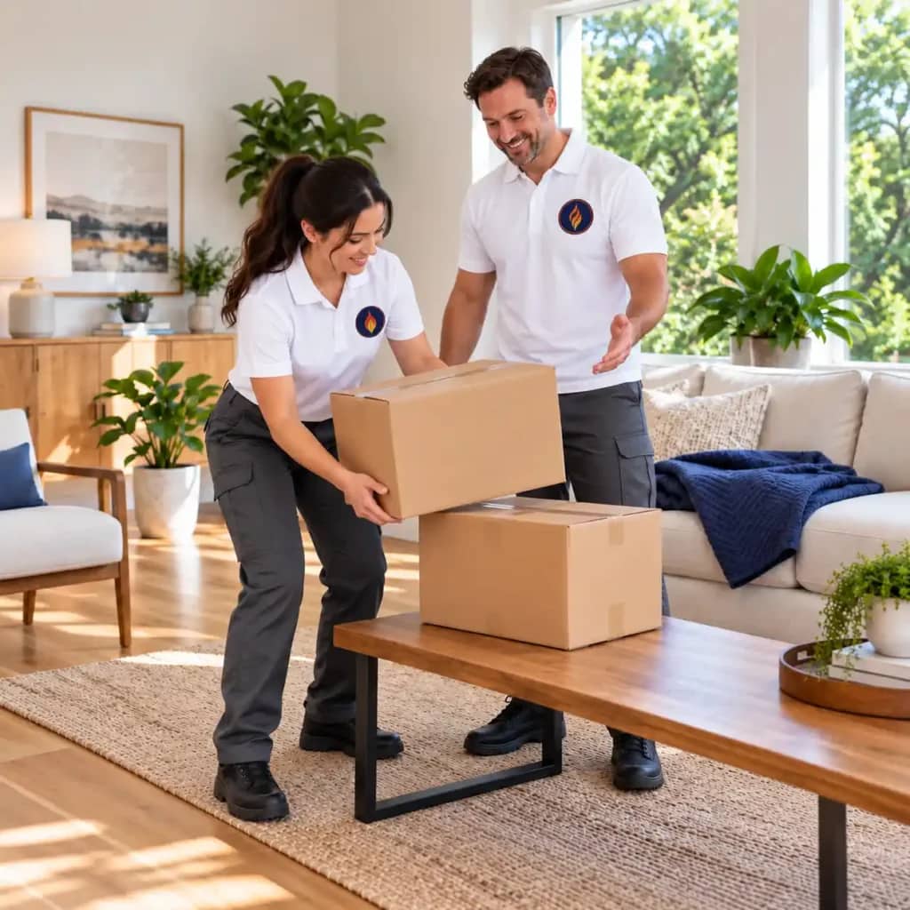 Two Fireland movers setting down and unpacking moving boxes in a bright living room