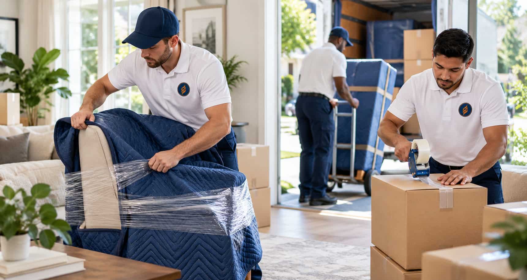 Movers shrink wrapping a sofa and taping boxes for a fast last minute move