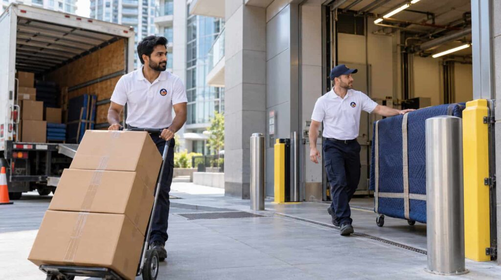 Fireland movers using a hand truck and furniture cart at a condo building loading dock