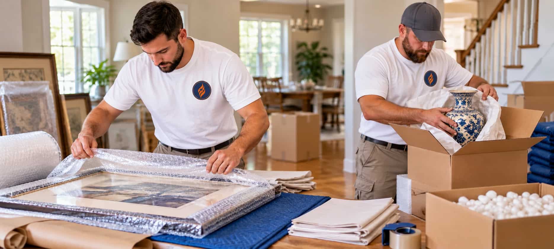 Professional packers wrapping a framed painting in plastic and packing a fragile vase into a box