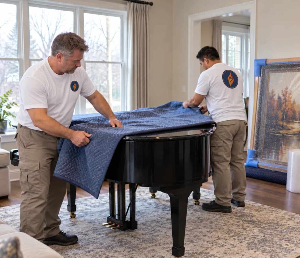 Fireland movers wrapping a grand piano with moving blankets in a living room