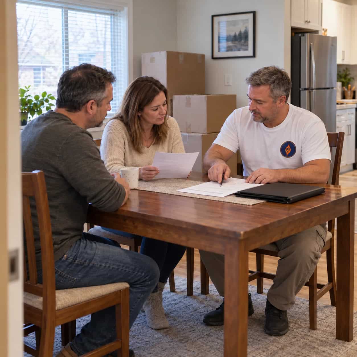Fireland mover going over a moving estimate with a Newmarket couple at their dining table