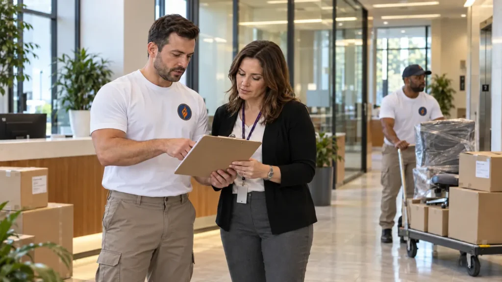 Fireland commercial mover reviewing a relocation plan with an office manager while a teammate wheels boxes on a cart