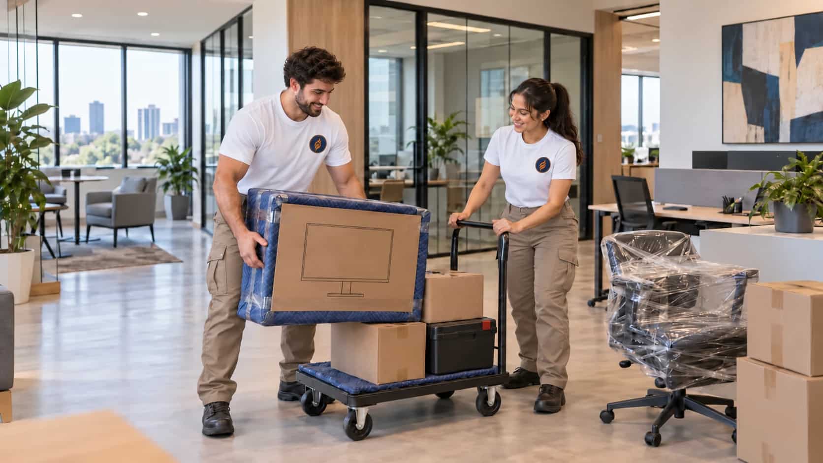 Office movers moving computer monitors on a cart beside a shrink-wrapped office chair