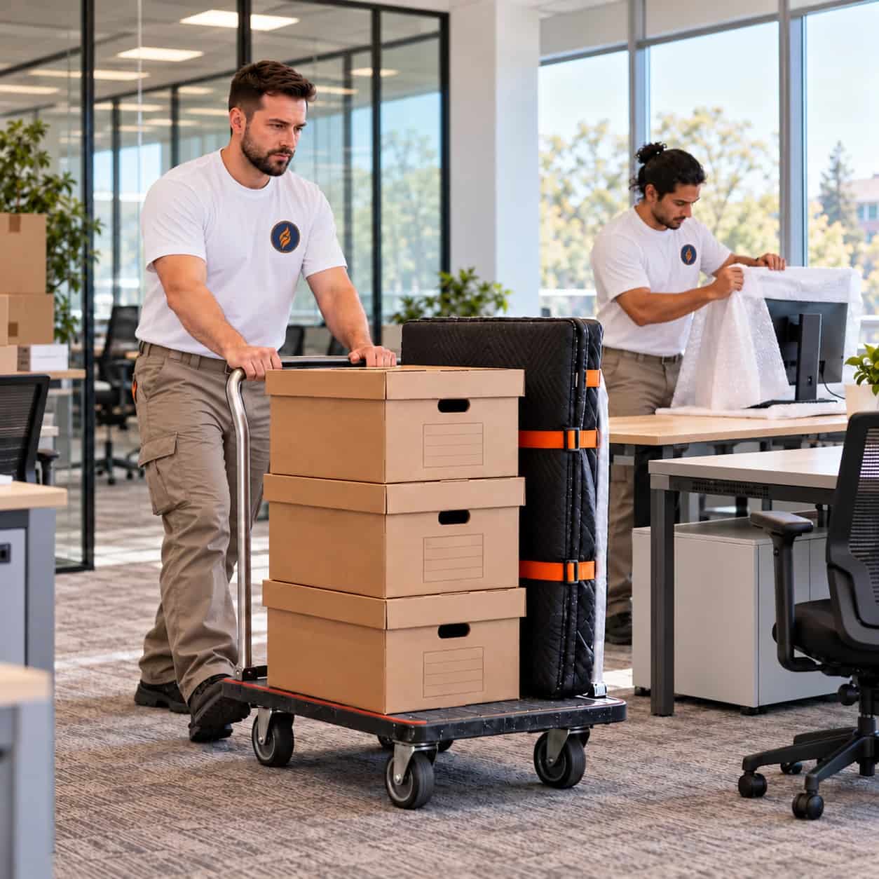 Office movers moving filing boxes and wrapped equipment on a cart through an office