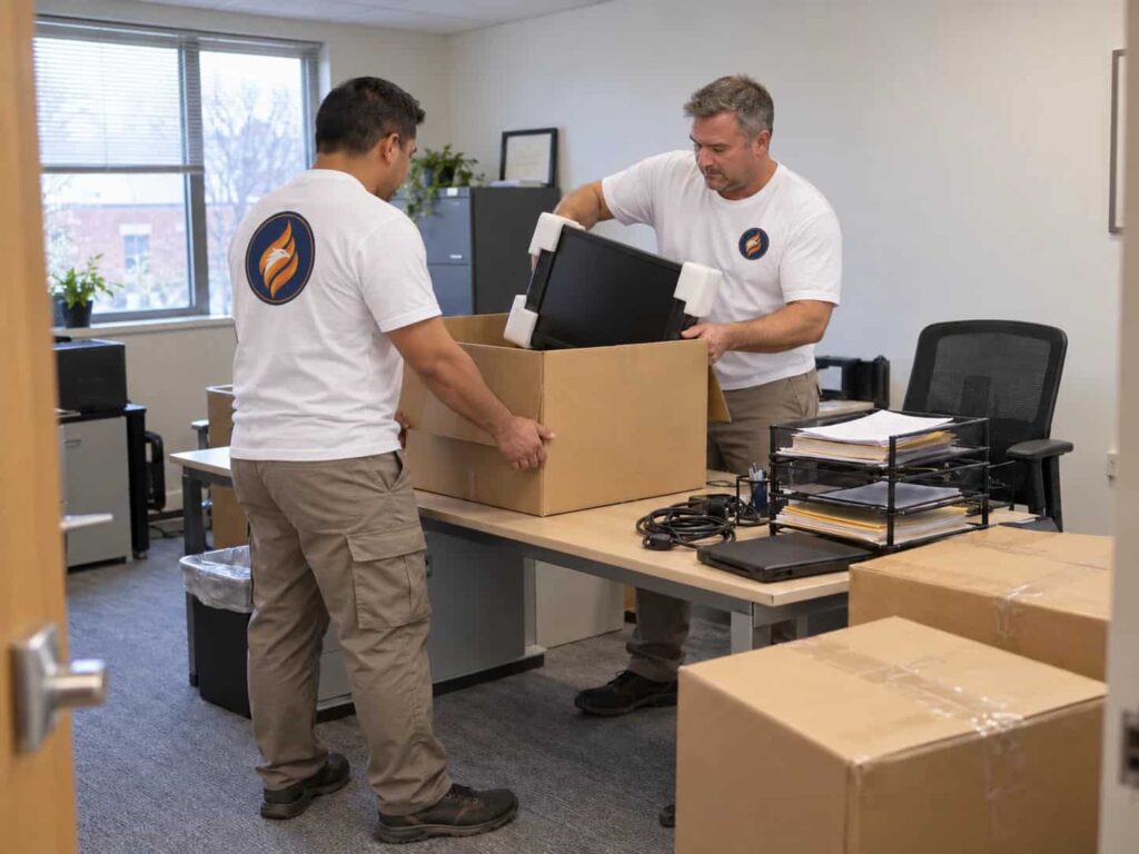 Office movers packing computer equipment and desk items into boxes