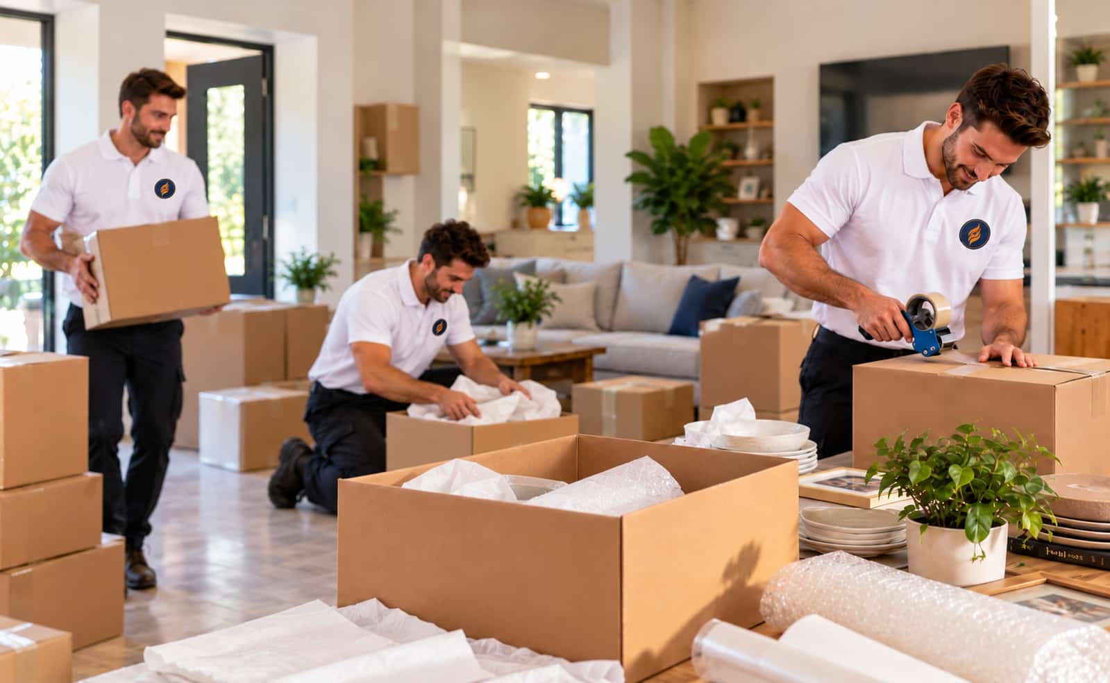 Fireland movers packing boxes and wrapping items in a living room before a move