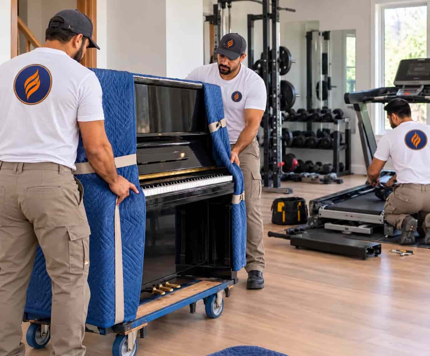Movers moving an upright piano and home gym equipment with protective blankets