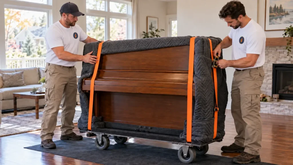 Fireland piano movers strapping a blanket-wrapped piano to a dolly in a Richmond Hill living room