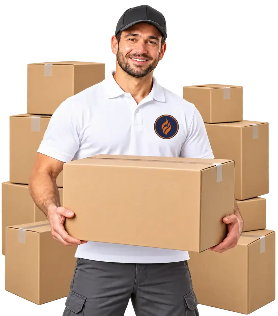 Smiling professional mover holding a cardboard box surrounded by stacked moving boxes