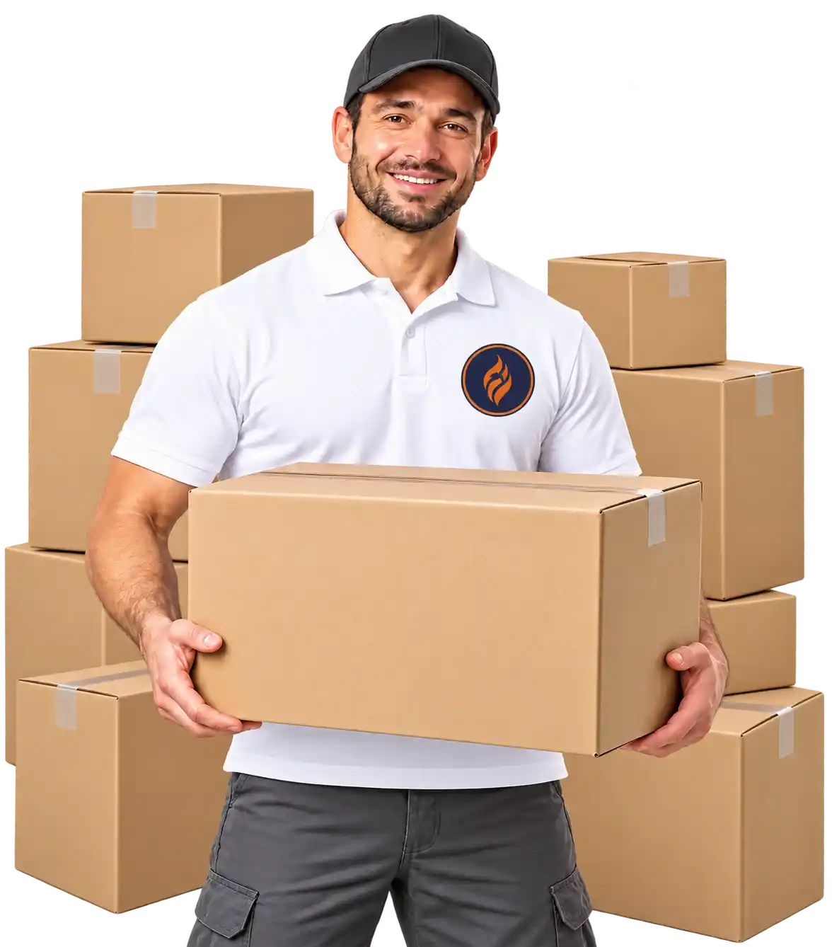 Smiling professional mover holding a cardboard box surrounded by stacked moving boxes