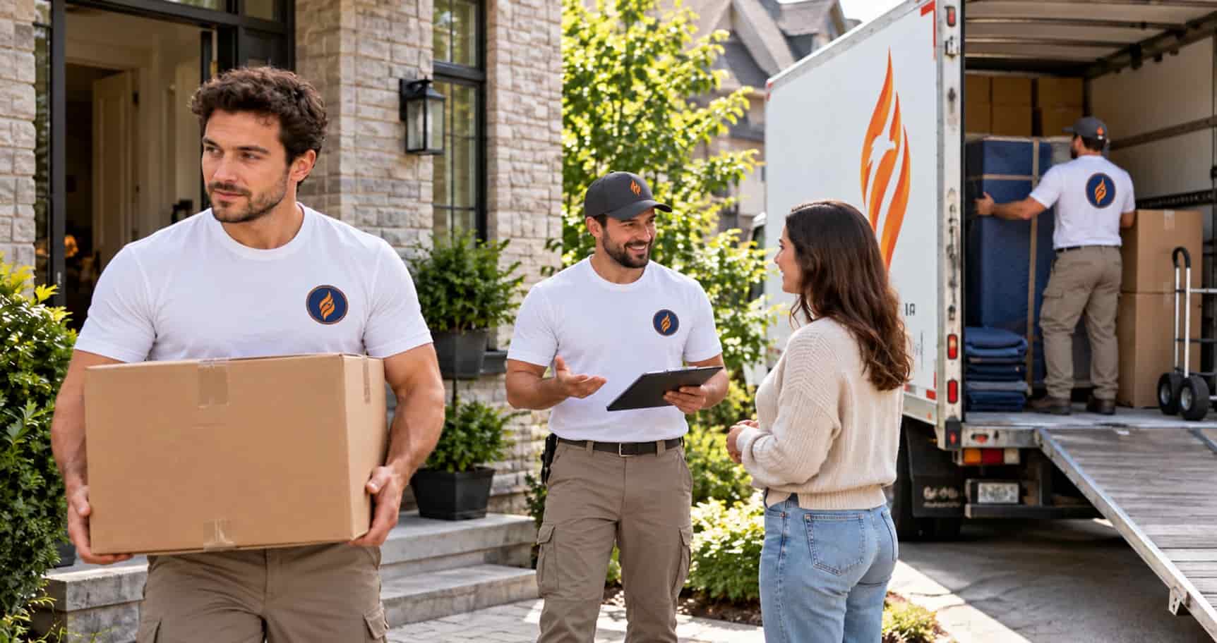 Fireland movers meeting a homeowner beside the moving truck at a Toronto home