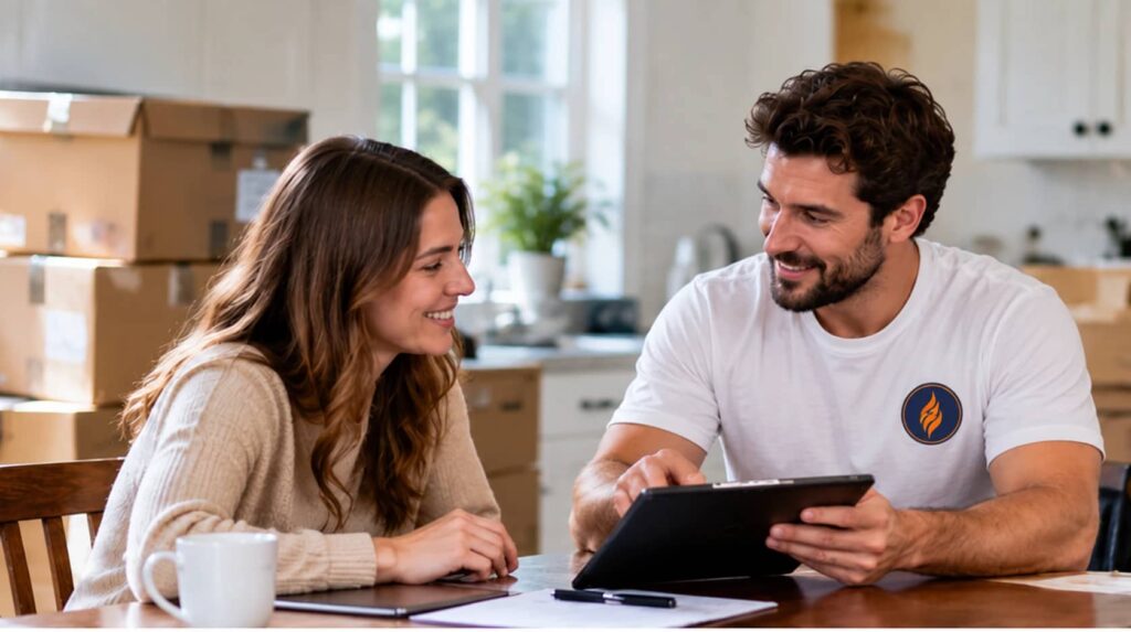 Mover reviewing a transparent moving quote on a tablet with a customer at the kitchen table